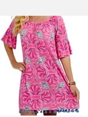 Simply Southern Pink Off-Shoulder Floral Midi Dress with Tassel Trim